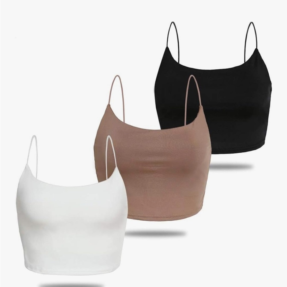 Amilia Women's Basic Solid Cami Spaghetti Double Layer Crop (3) Tank Tops